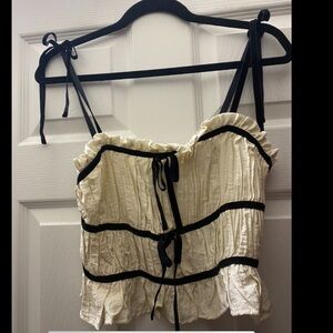 Cream and Black Ruffled Camisole Crop Top with Sweetheart Neckline